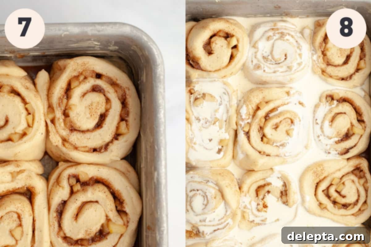 Apple Pie Stuffed Cinnamon Rolls 8 A close up of a pan with unbaked cinnamon rolls, ready for the second rise.