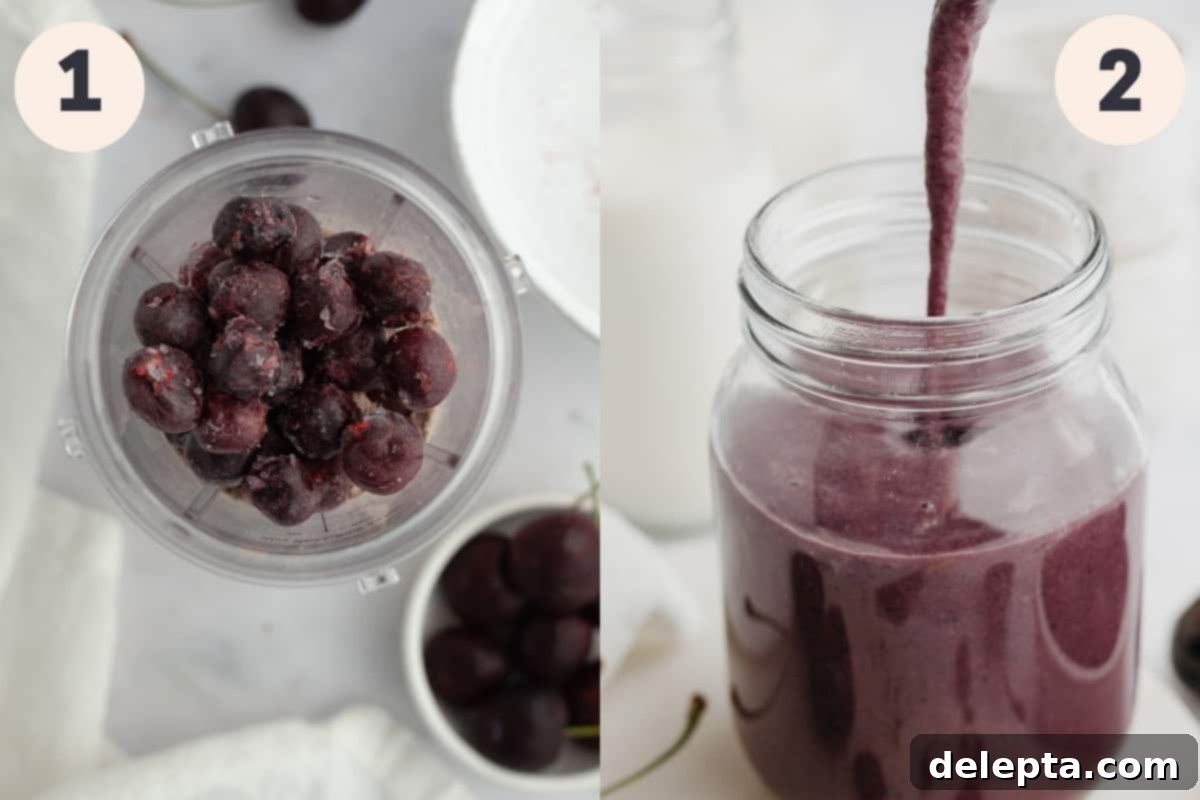 Speedy Chocolate Cherry Indulgence 4 An overhead shot showing the top of a blender with a vibrant mix of frozen cherries and cauliflower rice, ready to be blended into a smoothie.