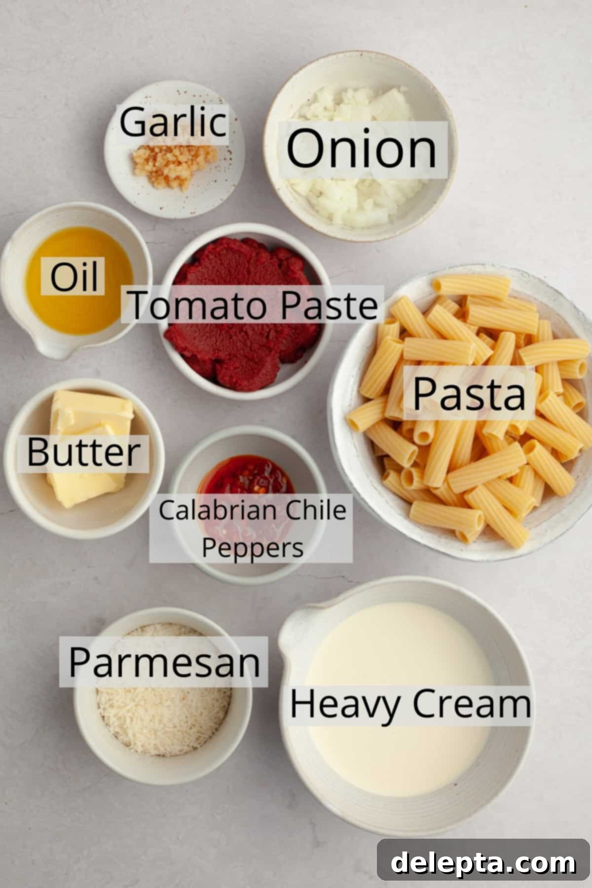 Viral Easy Spicy Vodka Pasta 3 All the ingredients needed to make spicy vodka pasta, weighed out into small bowls.