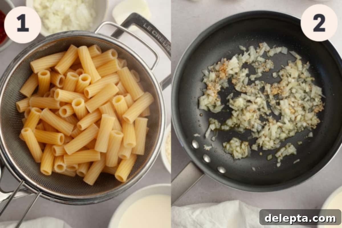 Viral Easy Spicy Vodka Pasta 4 Pasta in a sieve and a saucepan with garlic and onion in it.