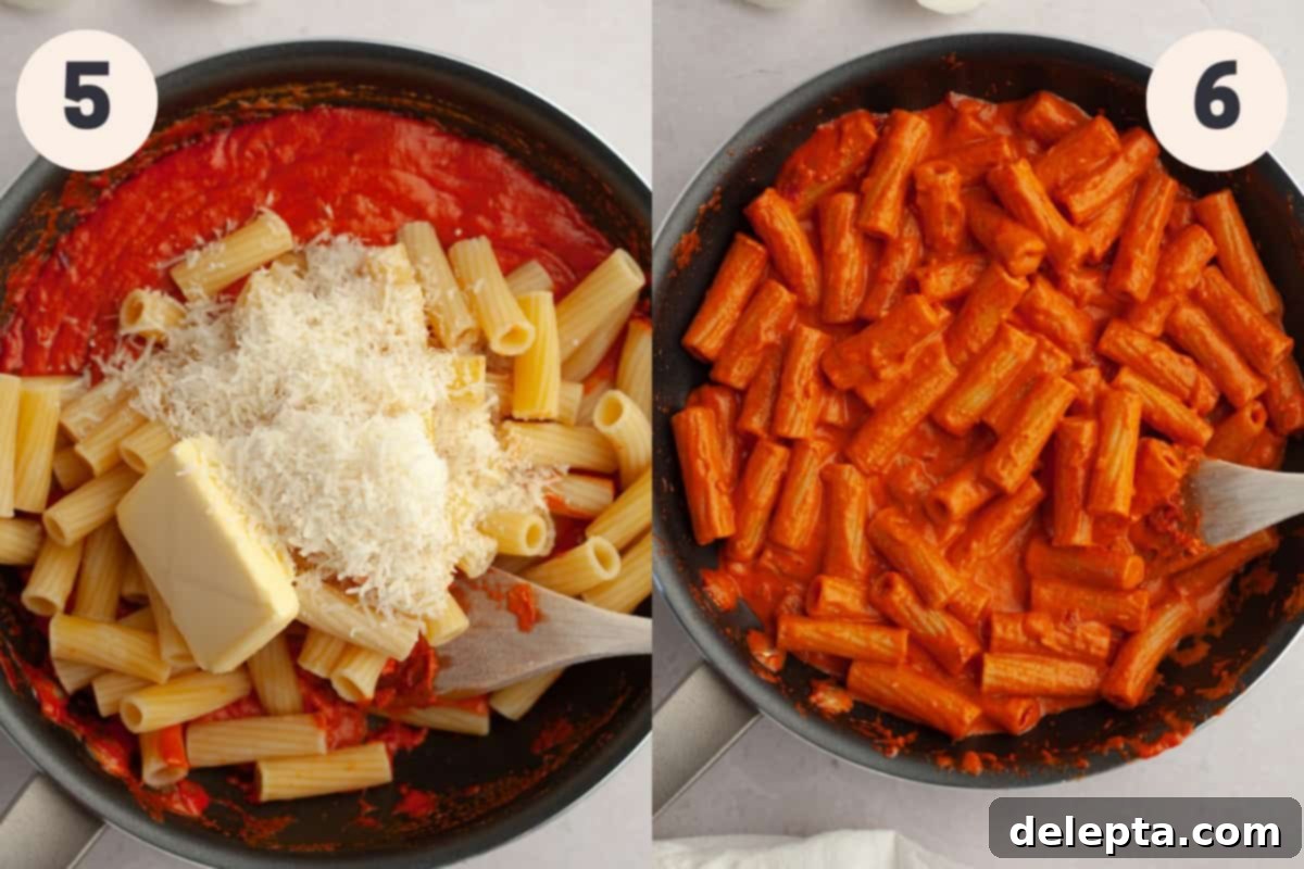 Viral Easy Spicy Vodka Pasta 6 A saucepan with a red sauce, pasta, butter and parmesan in it.
