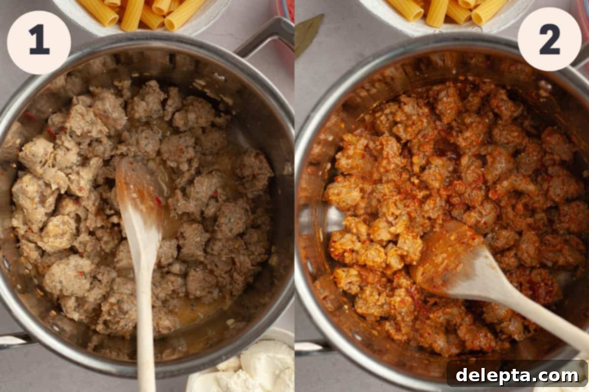 Hearty Three-Cheese Baked Rigatoni with Savory Sausage 4 A large saucepan with browned Italian sausage and aromatics.