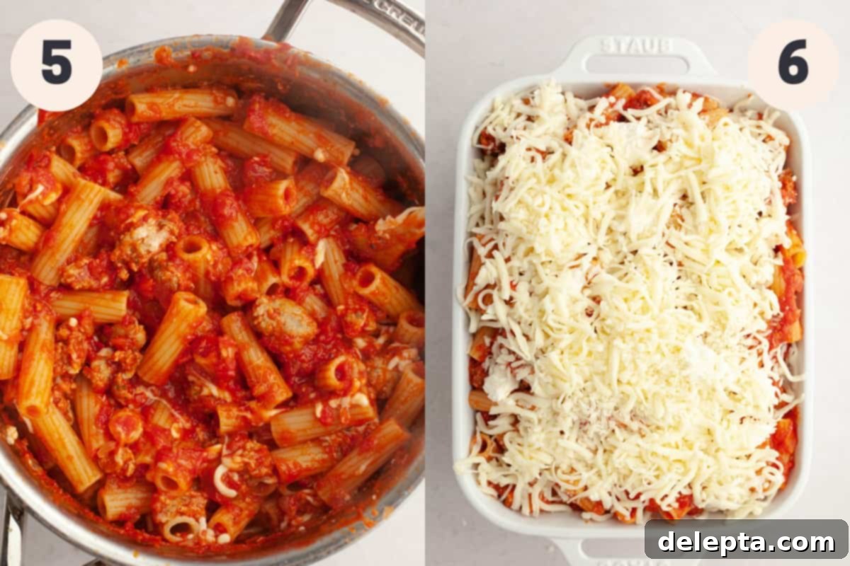 Hearty Three-Cheese Baked Rigatoni with Savory Sausage 6 Tomato and sausage pasta in a pot, next to a white baking dish filled with pasta and cheese, ready to bake.