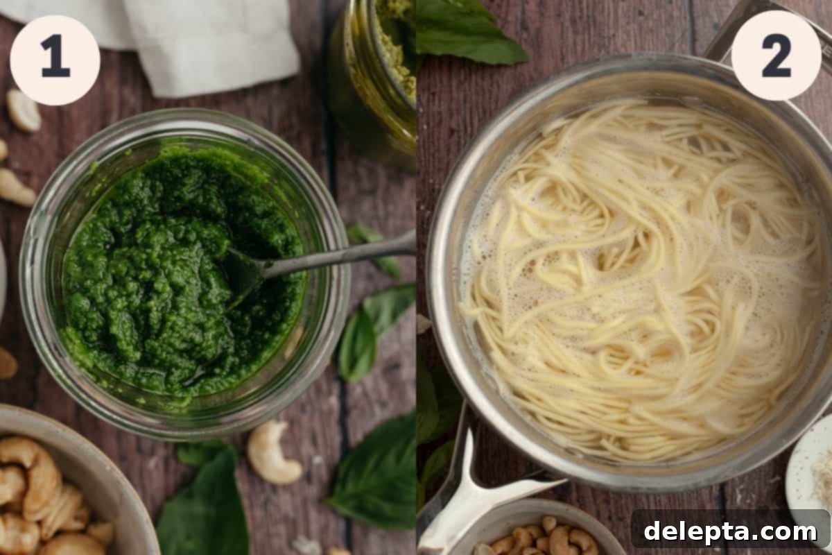 Homemade Pesto Pasta 5 Two key steps in making pesto pasta: a jar of freshly made pesto next to a large saucepan of boiling water with spaghetti being cooked.