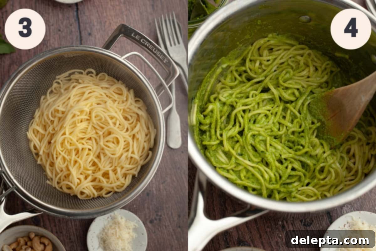 Homemade Pesto Pasta 6 A colander filled with freshly drained spaghetti next to a large saucepan where pesto pasta is being tossed together.