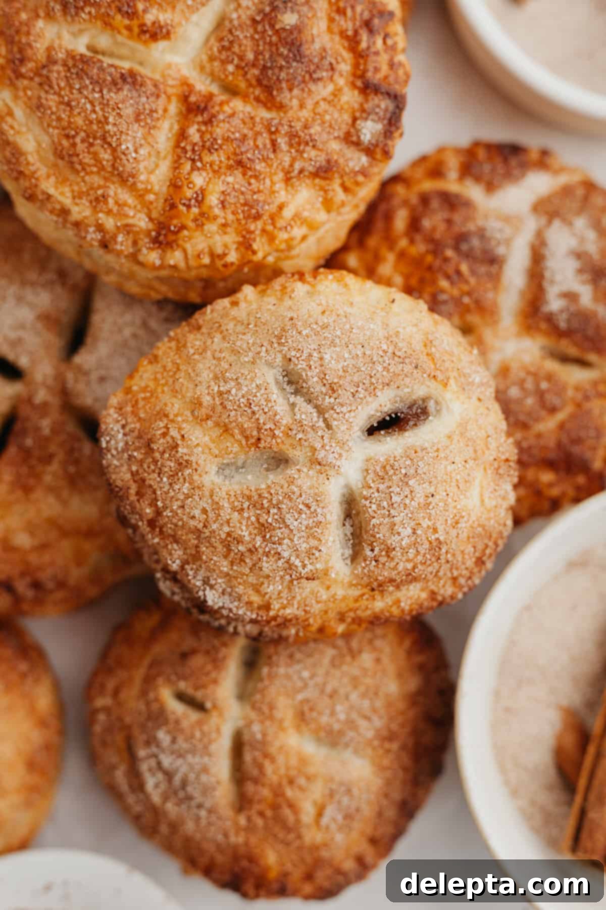Flaky Apple Puff Pastry Bites 6 Several freshly baked mini apple pies with puff pastry, golden brown and glistening with sugar, arranged on a baking sheet.