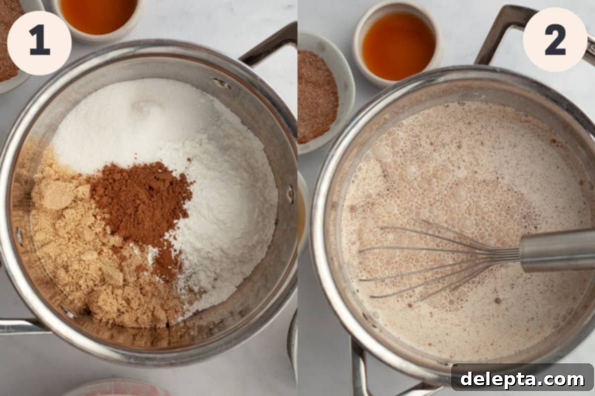 Effortless Cinnamon Pie 4 Cinnamon, brown sugar, flour and white sugar and cream in a saucepan with a whisk.