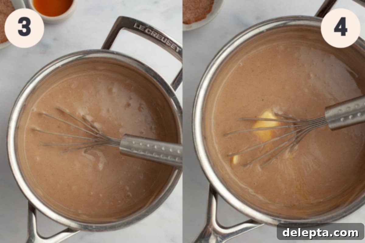 Effortless Cinnamon Pie 5 Cinnamon pudding in a saucepan.