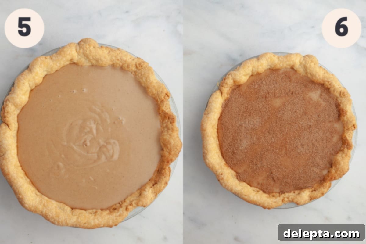 Effortless Cinnamon Pie 6 An unbaked cinnamon pie topped with cinnamon sugar.