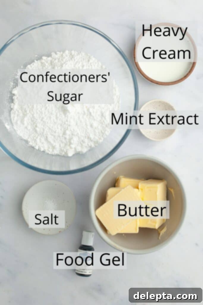 Simple Mint Chocolate Delights 4 Various ingredients for mint frosting, including butter, powdered sugar, and mint extract, laid out in small dishes.