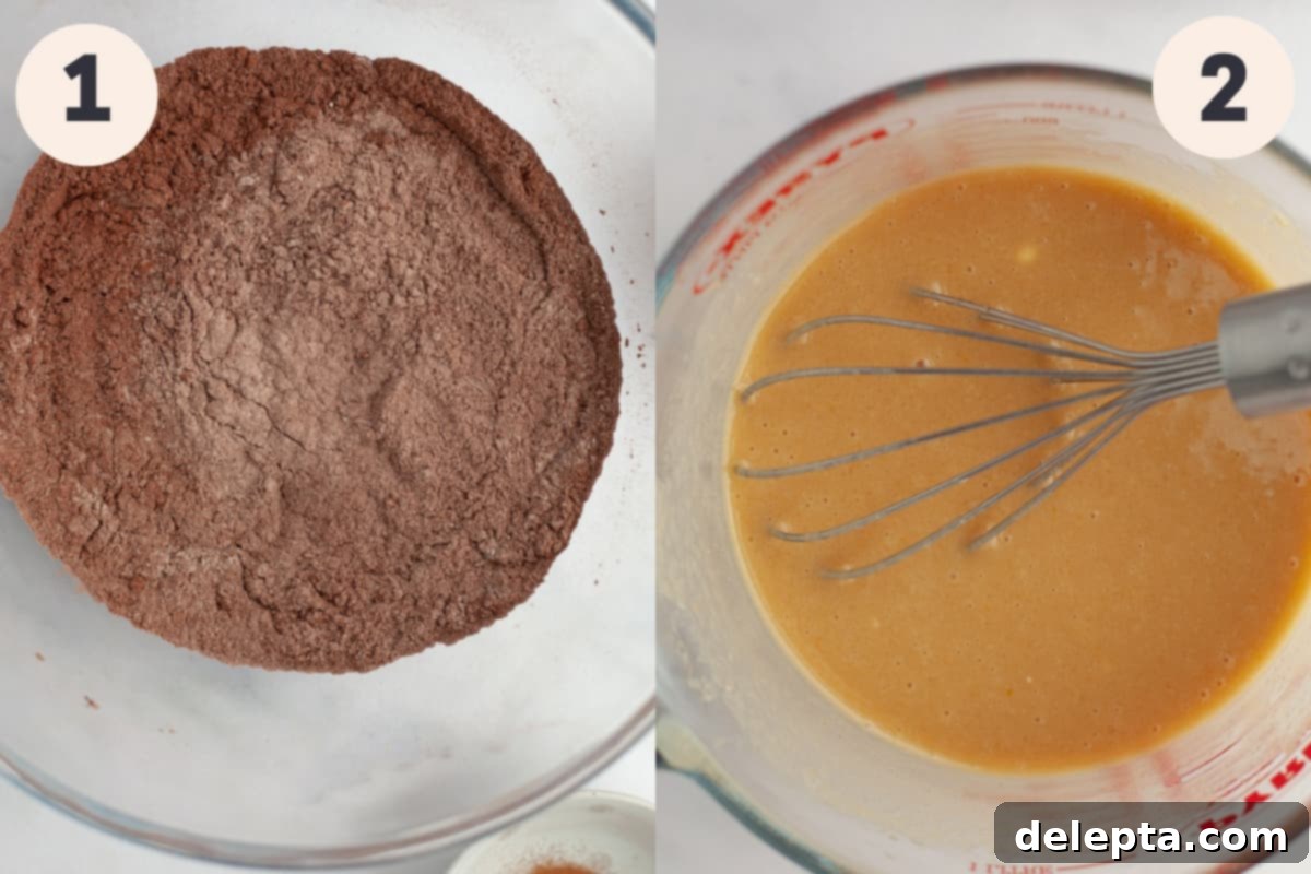 Simple Mint Chocolate Delights 5 Two bowls: one with cocoa powder and dry ingredients, the other with a dark liquid, representing the initial stages of cupcake batter preparation.