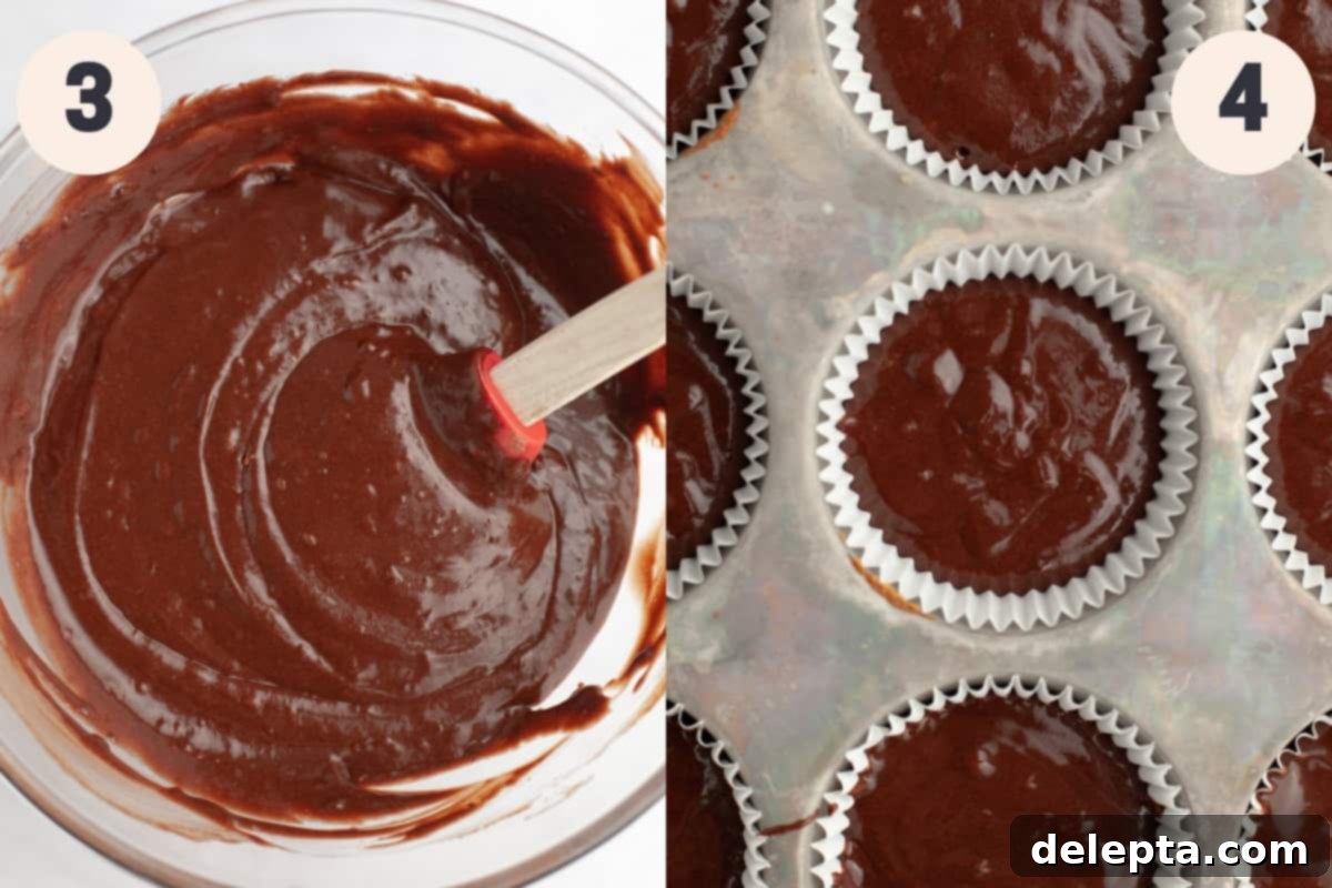 Simple Mint Chocolate Delights 6 Chocolate cupcake batter in a large mixing bowl next to a cupcake pan filled with batter, ready for baking.