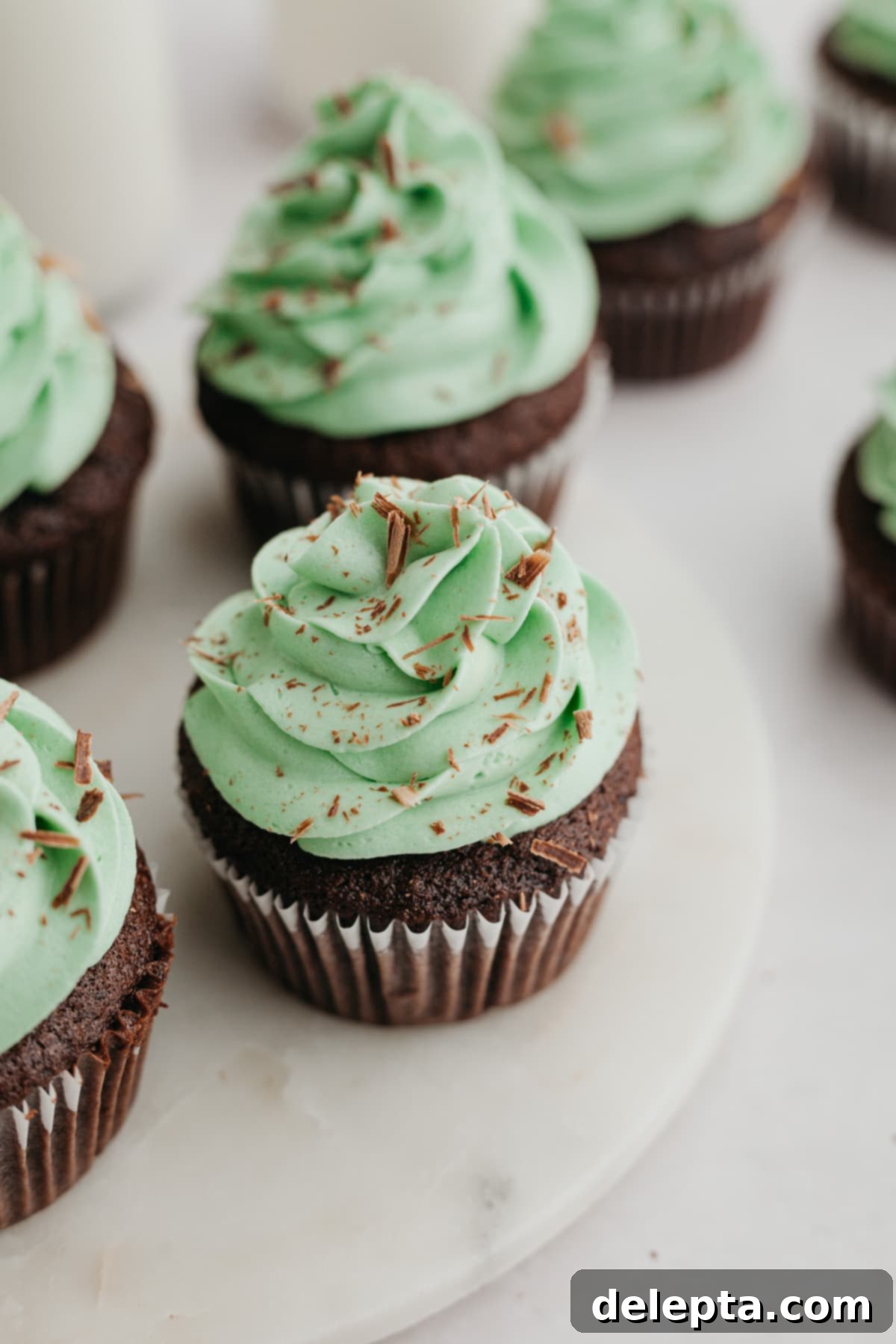Effortless Five Minute Mint Frosting 2 Chocolate cupcakes with green mint frosting, garnished with mint leaves and chocolate shavings.