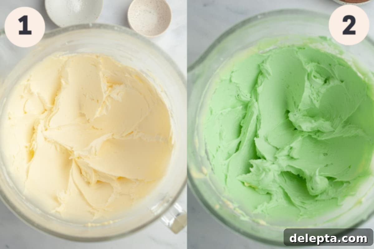 Effortless Five Minute Mint Frosting 4 Green frosting being mixed in a large glass bowl, illustrating the initial mixing steps.