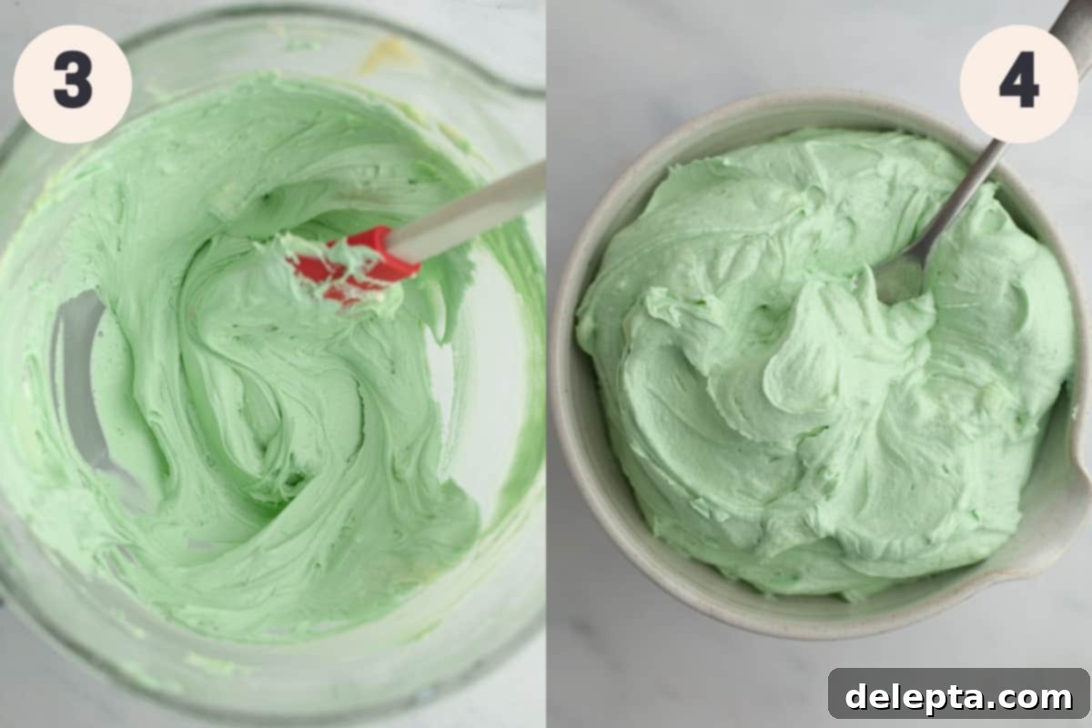 Effortless Five Minute Mint Frosting 5 Vibrantly green mint frosting in a mixing bowl, ready for final adjustments.