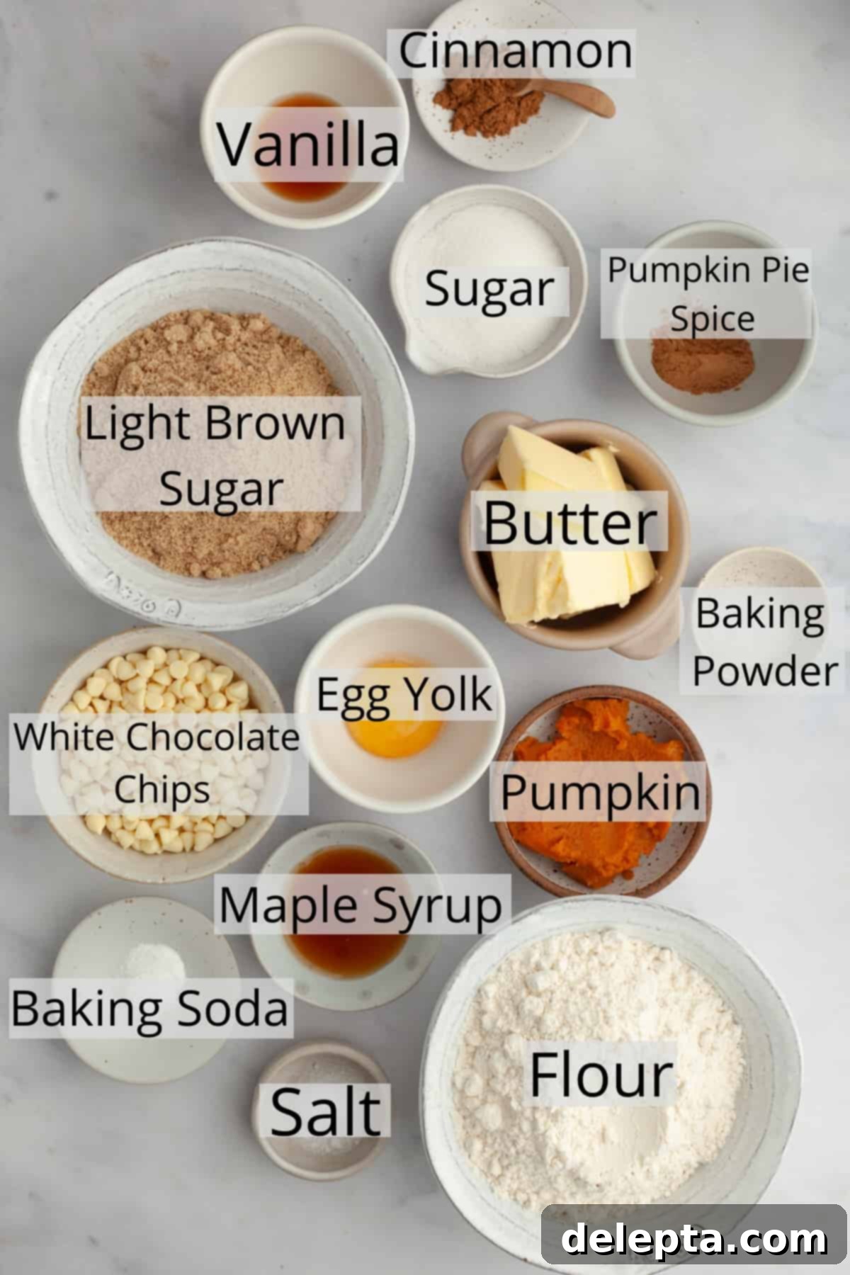 Soft-Baked Pumpkin White Chocolate Chip Delights 3 All the ingredients needed to make pumpkin cookies, weighed out into small bowls.