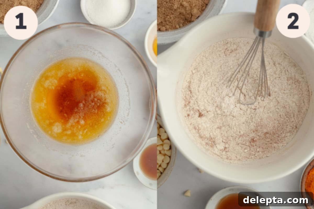 Soft-Baked Pumpkin White Chocolate Chip Delights 4 Brown butter in a bowl and a large bowl with flour in it.