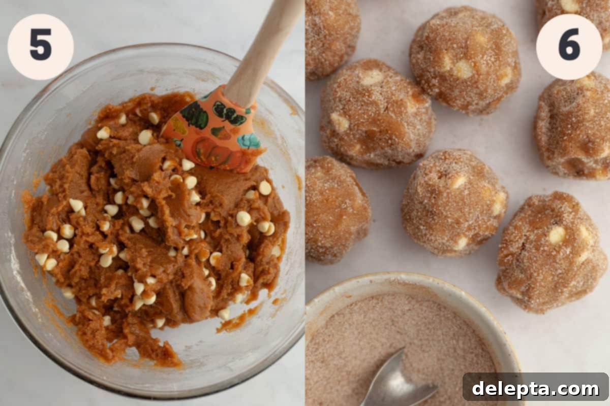 Soft-Baked Pumpkin White Chocolate Chip Delights 6 Pumpkin cookie dough with white chocolate chips in a bowl and rolled into balls.