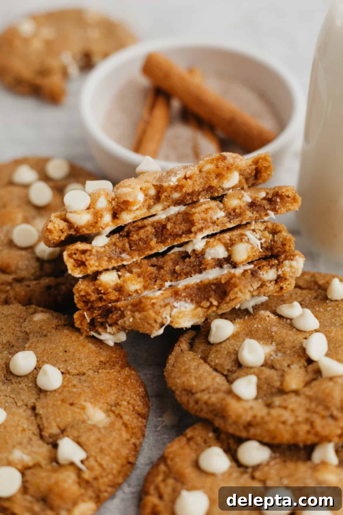 Soft-Baked Pumpkin White Chocolate Chip Delights 7 A close up of several pumpkin cookies split in half.