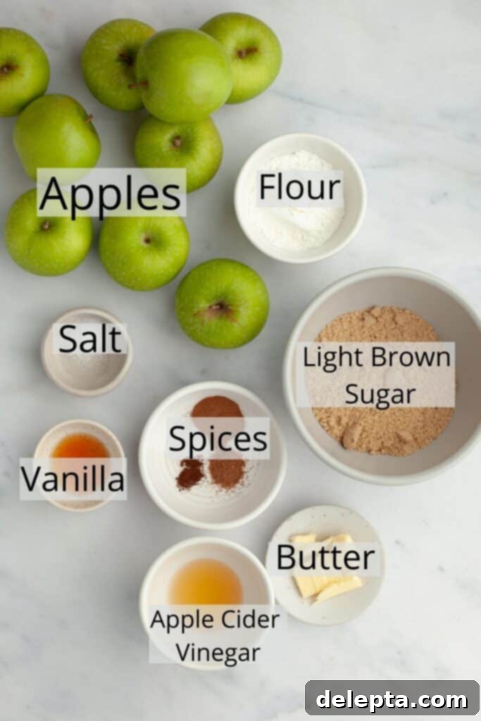 Rustic Oat Topped Apple Pie 3 All the ingredients needed to make apple pie filling, neatly arranged in small bowls.