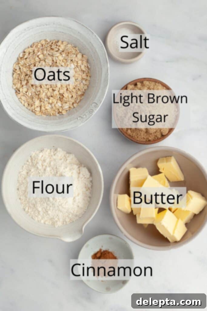Rustic Oat Topped Apple Pie 4 All the ingredients to make an oat crumble topping, carefully portioned into small bowls.