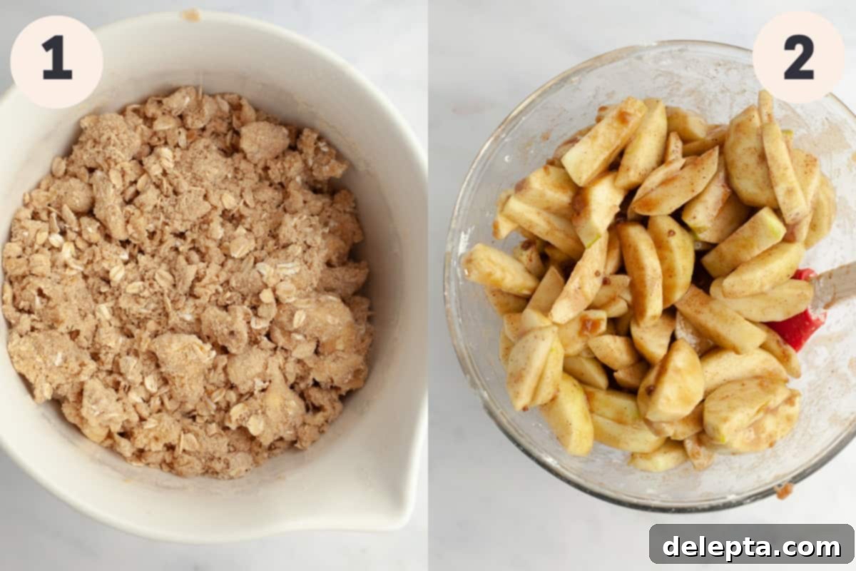 Rustic Oat Topped Apple Pie 5 Two bowls side-by-side; one contains freshly mixed oat streusel, and the other holds cinnamon-coated apple slices.