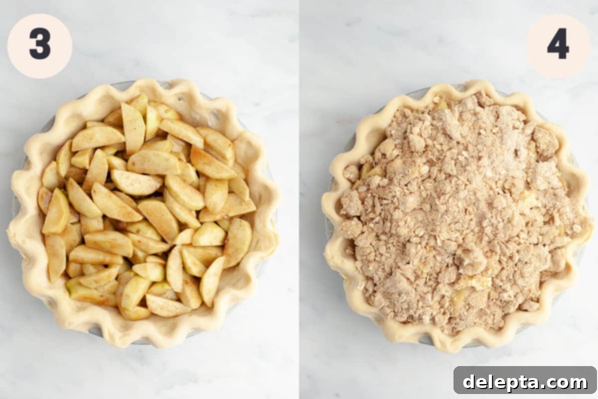 Rustic Oat Topped Apple Pie 6 An unbaked apple pie in a pie dish, with cinnamon apples covered in a generous layer of oat streusel, ready for the oven.