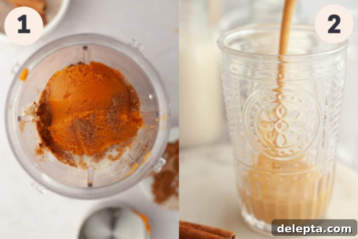 Creamy Banana Pumpkin Pie Smoothie 4 A high-speed blender container filled with pumpkin puree and other ingredients, with a perfectly blended pumpkin smoothie being poured into a tall glass, illustrating the quick preparation process.