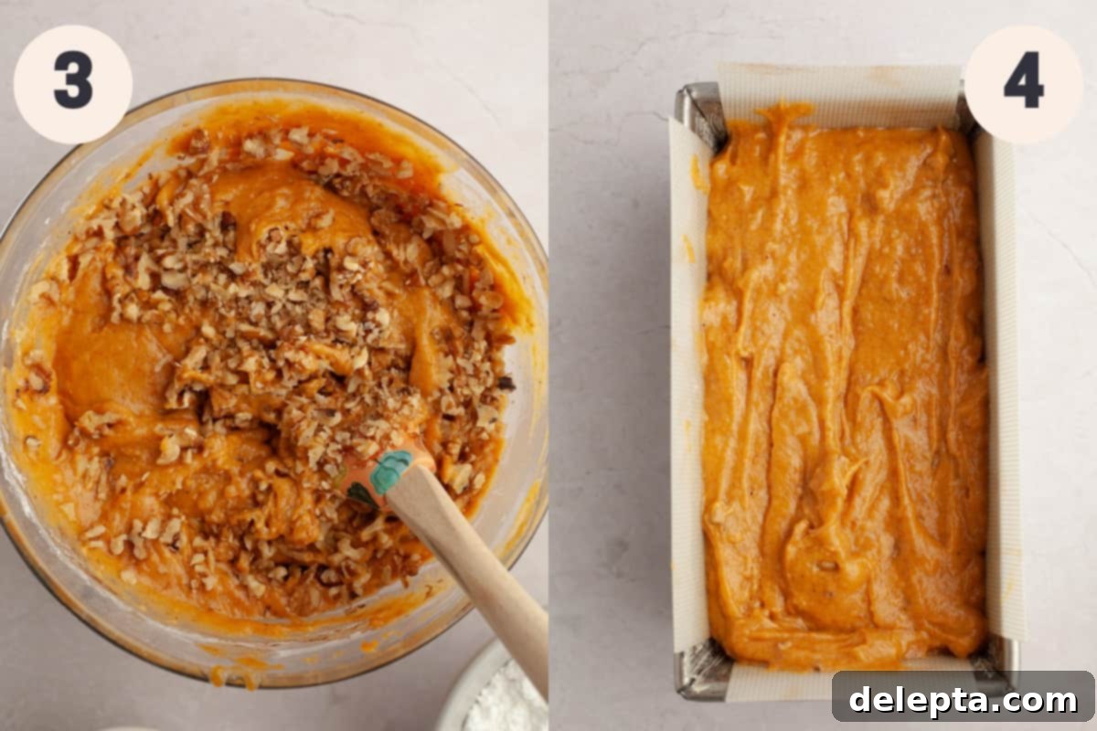 Spiced Pumpkin Walnut Loaf with Maple Glaze 5 Pumpkin walnut bread batter in a bowl next to a prepared loaf pan, ready for baking.