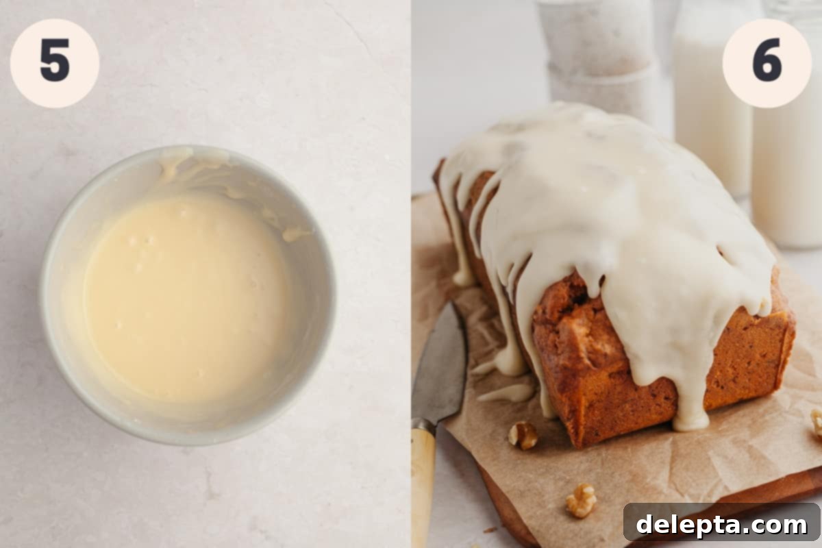 Spiced Pumpkin Walnut Loaf with Maple Glaze 6 A small bowl of maple glaze next to a finished pumpkin walnut bread, freshly glazed.