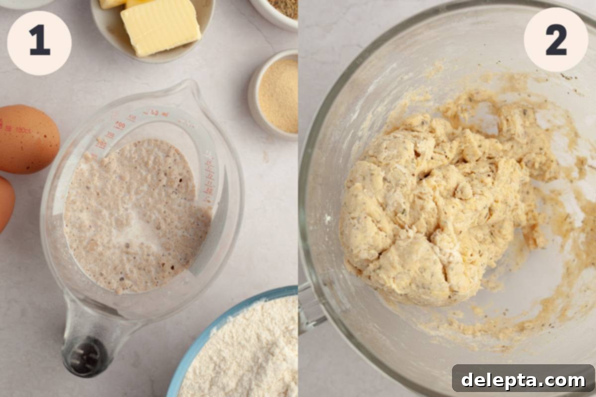 Irresistibly Soft and Fluffy Garlic Dinner Rolls 5 Process photo showing warm milk, sugar, and yeast mixing in a jug, and then being poured into a stand mixer with other ingredients for the dough.