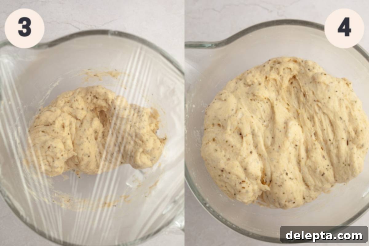 Irresistibly Soft and Fluffy Garlic Dinner Rolls 6 Process photos showing the dough being lightly oiled and covered for the first rise, then after it has doubled in size.