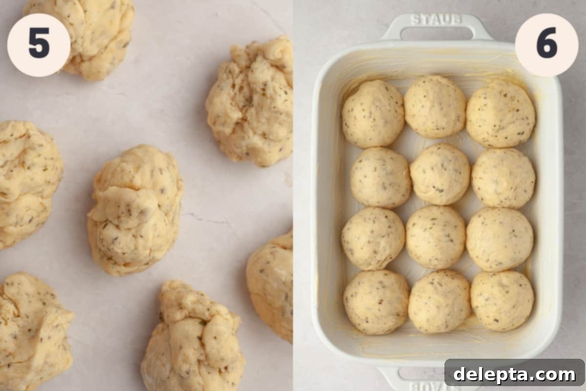 Irresistibly Soft and Fluffy Garlic Dinner Rolls 7 Process photos showing dough being divided into equal pieces and rolled into balls, then placed in a baking pan for the second rise.