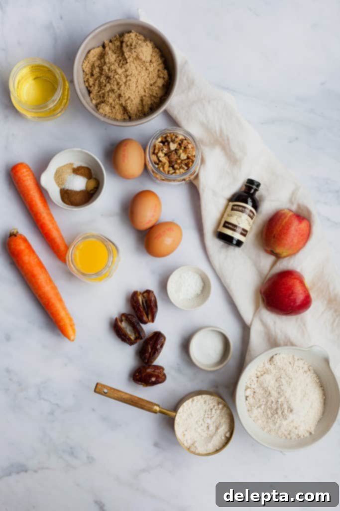 Sunshine Morning Glory Apple and Carrot Muffins 2 overhead view of ingredients needed for apple and walnut muffins