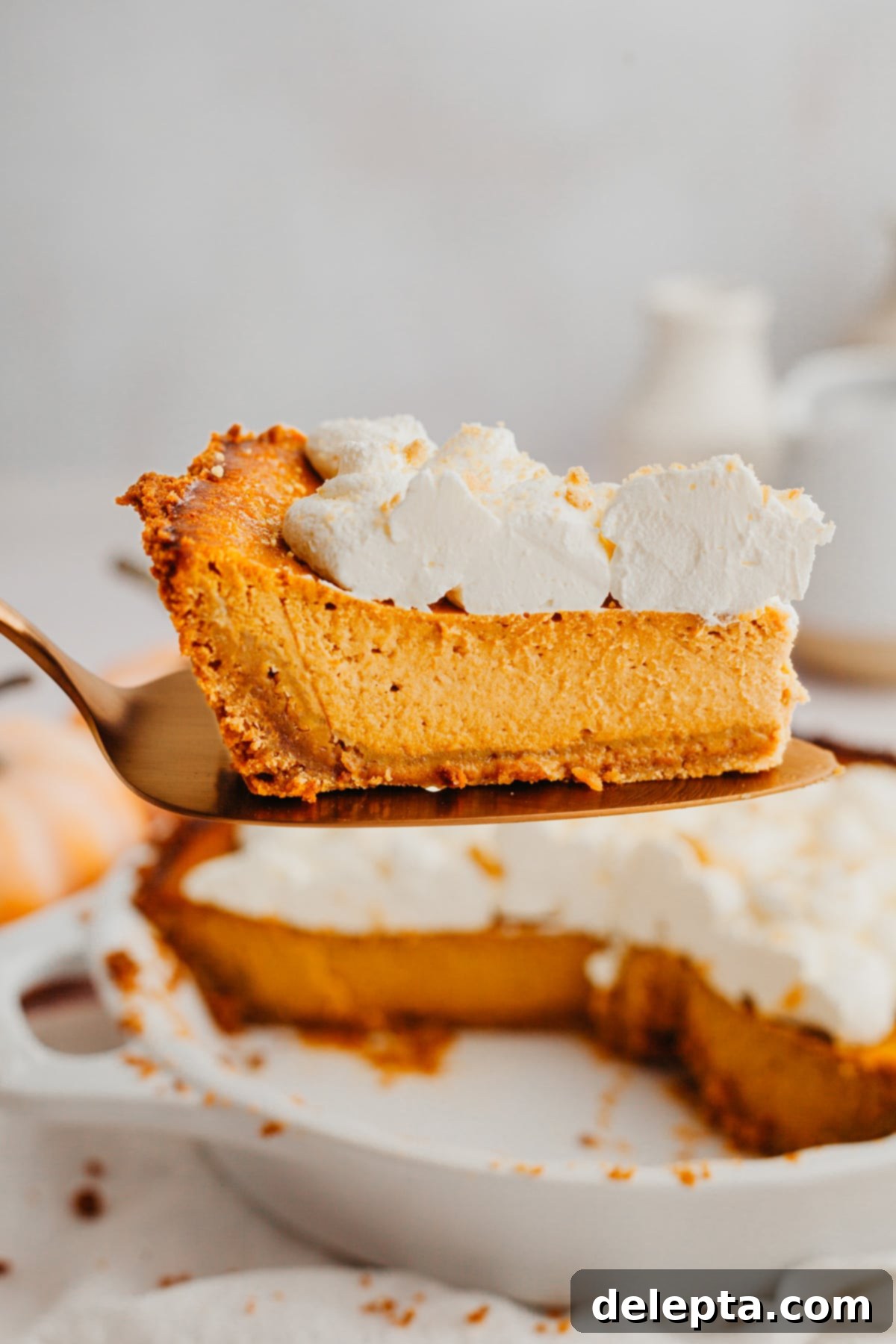 Graham Cracker Crust Pumpkin Pie 2 A slice of pumpkin pie topped with whipped cream.