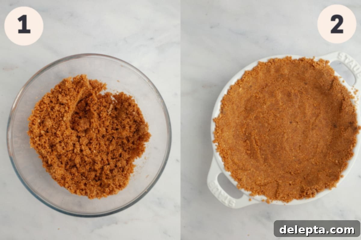 Graham Cracker Crust Pumpkin Pie 5 Graham cracker crust crumbs in a bowl and a pie dish with a graham cracker crust.