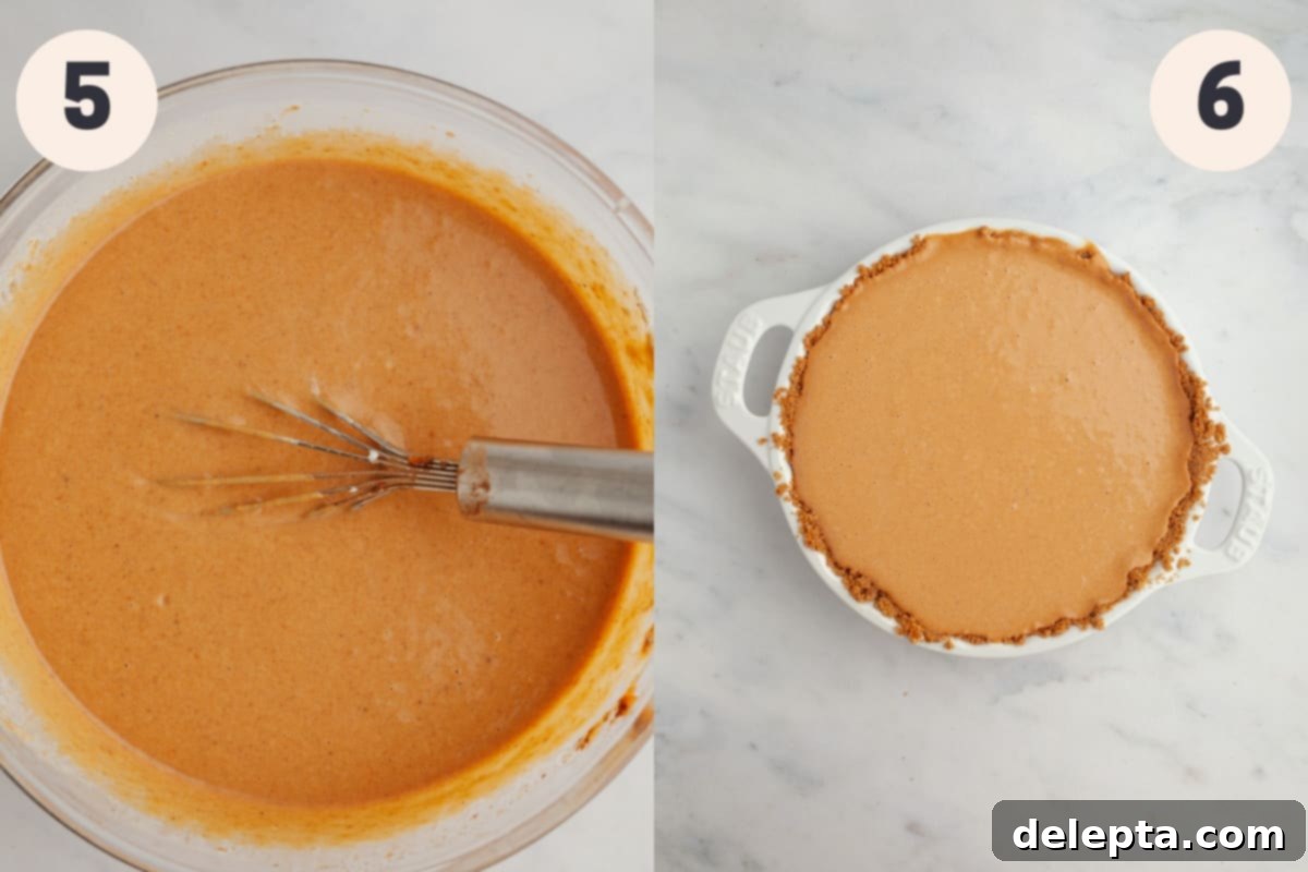 Graham Cracker Crust Pumpkin Pie 7 A large bowl with pumpkin pie filling in it and an unbaked pumpkin pie.