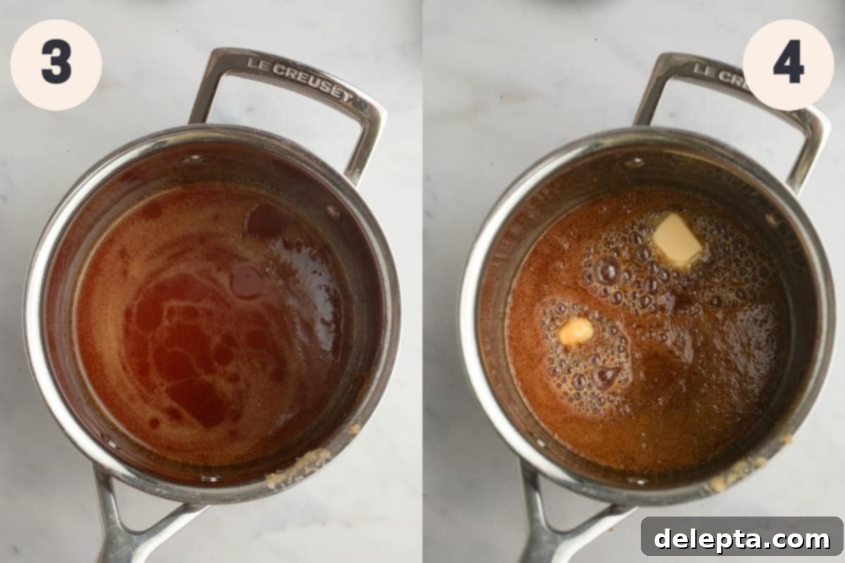 Decadent Homemade Salted Caramel Sauce 5 A silver saucepan with a beautiful, deep amber-colored liquid caramel, perfectly caramelized and ready for the next step.
