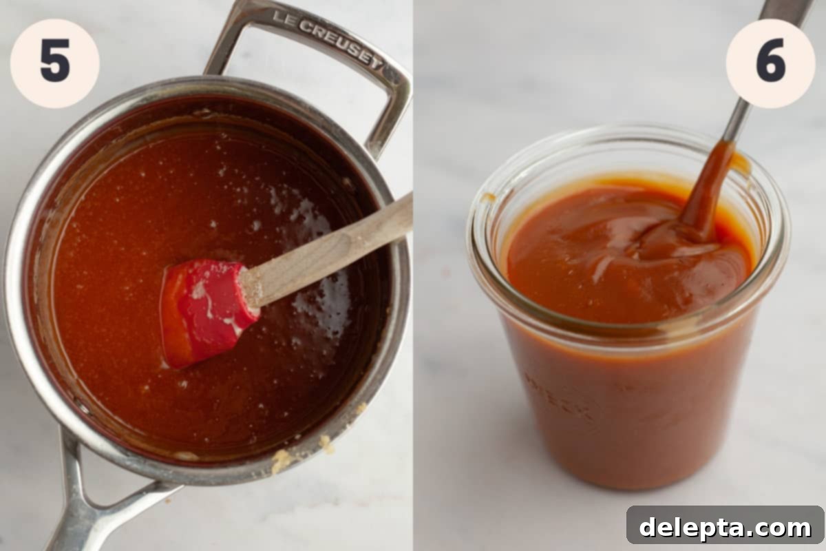Decadent Homemade Salted Caramel Sauce 6 Freshly made caramel sauce, still warm in a saucepan, being poured into a clear glass jar for cooling and storage.