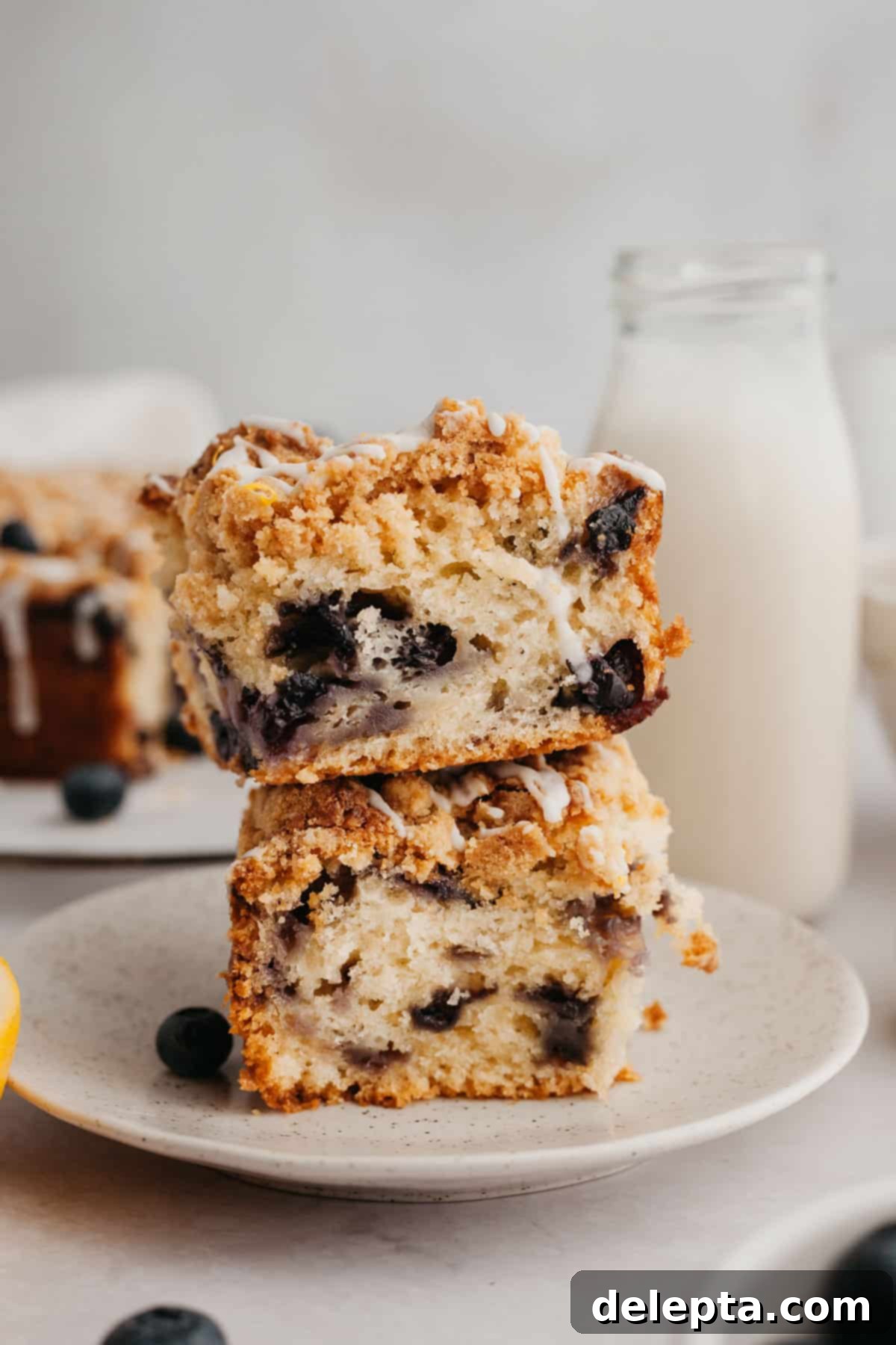 Pratik ve Enfes Yaban Mersinli Limonlu Kahve Keki 2 A stack of two slices of crumb topped blueberry coffee cake, showcasing its moist texture and rich streusel.