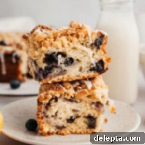 Pratik ve Enfes Yaban Mersinli Limonlu Kahve Keki 12 A stack of two slices of crumb topped blueberry coffee cake, ready to be enjoyed.