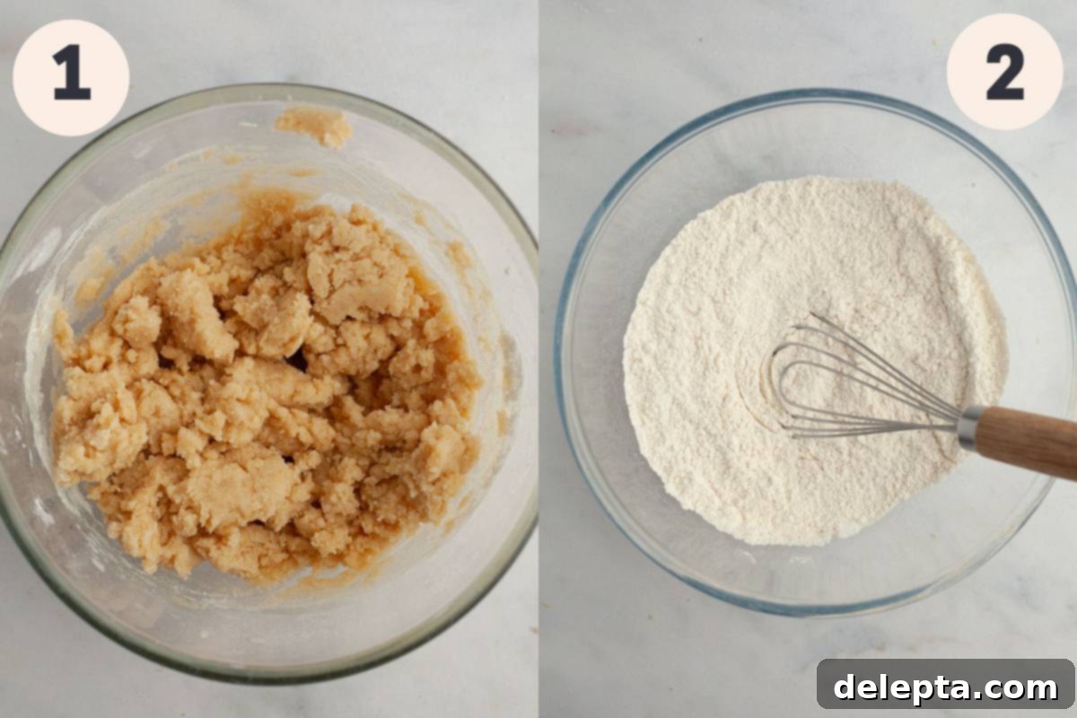 Pratik ve Enfes Yaban Mersinli Limonlu Kahve Keki 5 A small bowl holding a crumb topping mixture with large and small clumps, next to a larger bowl of all-purpose flour.