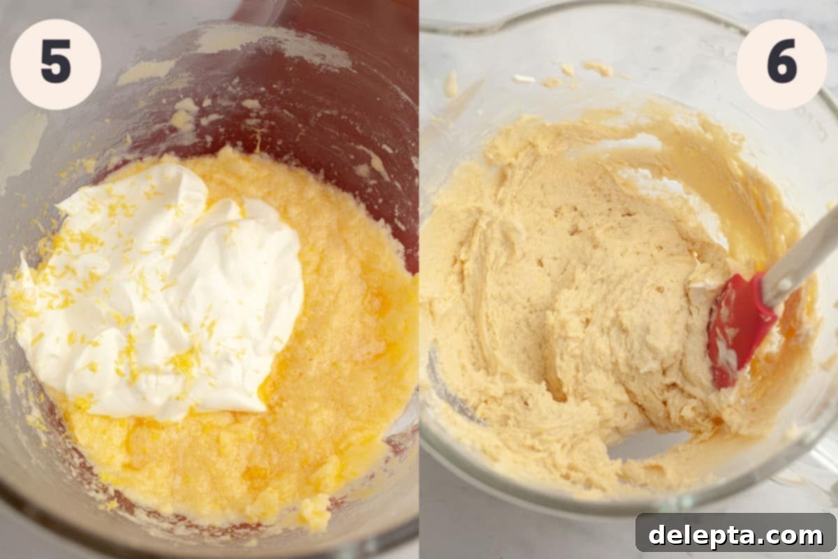 Pratik ve Enfes Yaban Mersinli Limonlu Kahve Keki 7 A mixing bowl with smooth, yellow cake batter and the addition of lemon zest.
