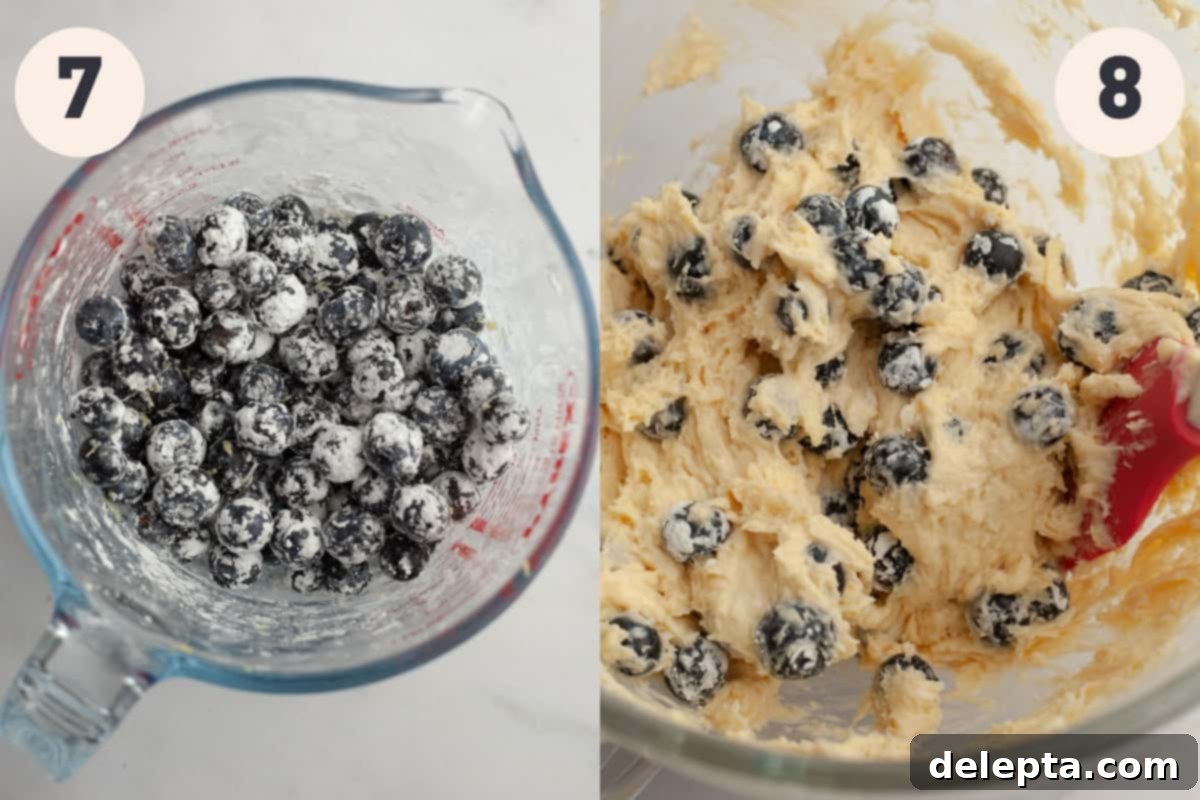 Pratik ve Enfes Yaban Mersinli Limonlu Kahve Keki 8 A small jug contains blueberries tossed with cornstarch and lemon zest, next to a mixing bowl with cake batter and gently folded-in blueberries.