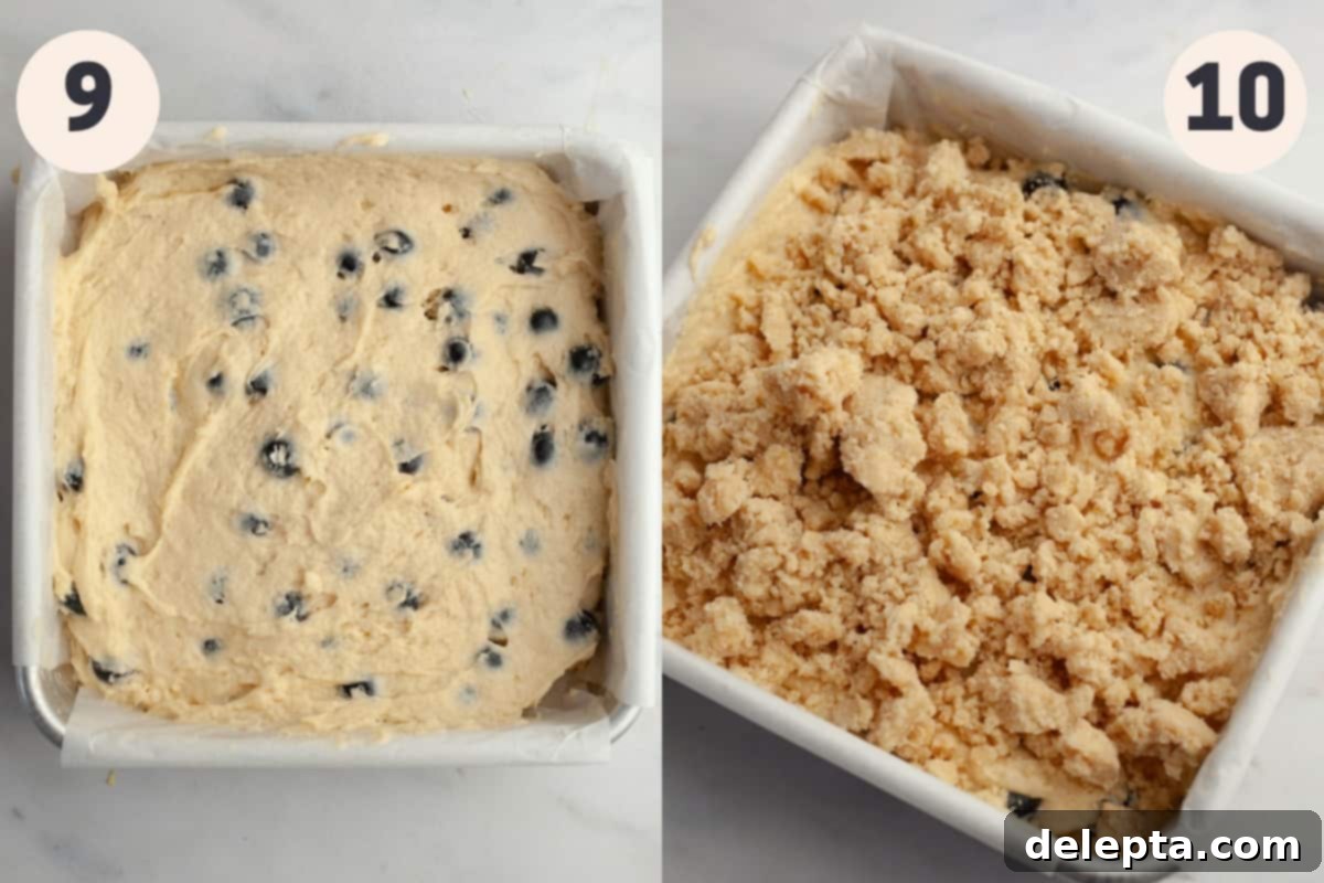 Pratik ve Enfes Yaban Mersinli Limonlu Kahve Keki 9 A square baking pan filled with unbaked lemon blueberry cake batter, generously topped with the crumb streusel.