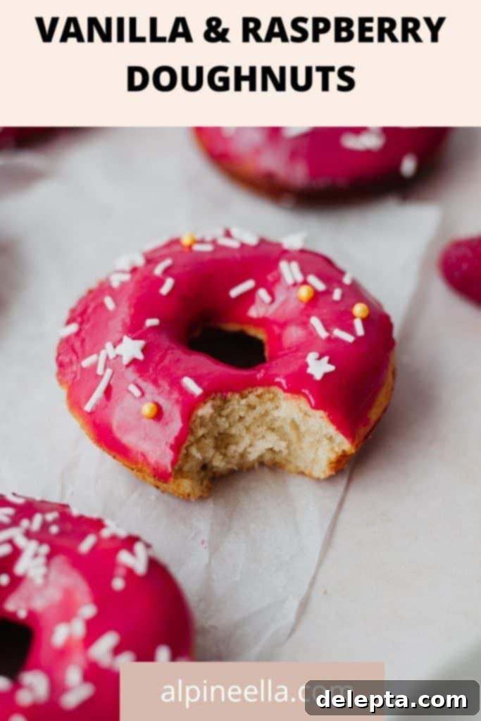 Vanilla Dream Doughnuts with a Raspberry Kiss 7 Pink baked vanilla raspberry doughnuts Pinterest graphic