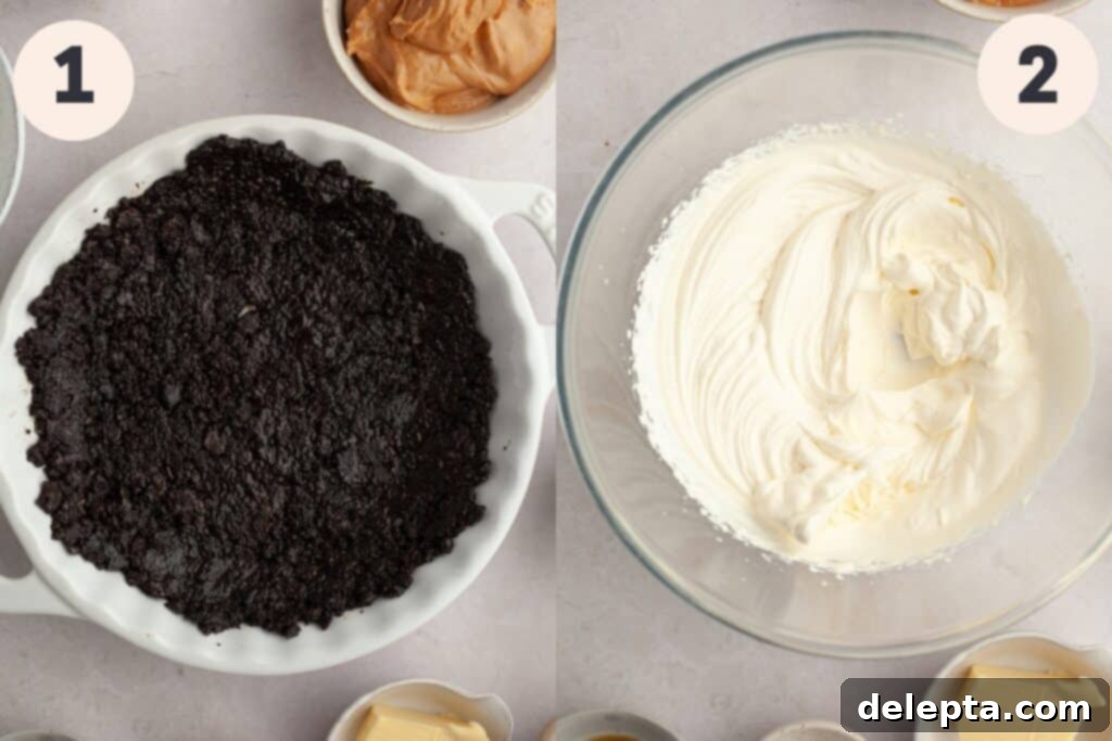 Decadent No-Bake Oreo Peanut Butter Pie 4 A pristine Oreo cookie crust waiting in a pie pan, alongside a bowl of perfectly whipped heavy cream.