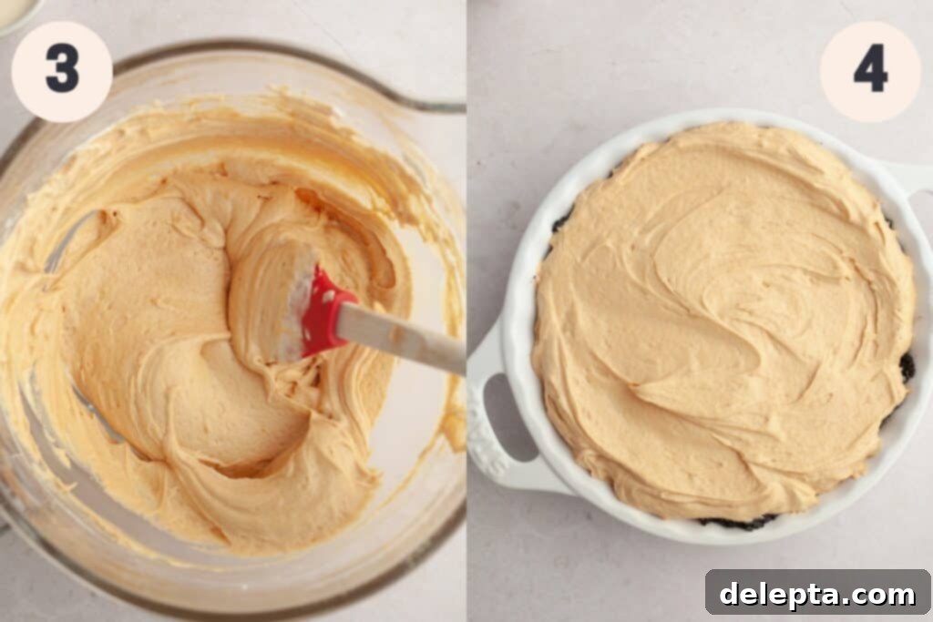 Decadent No-Bake Oreo Peanut Butter Pie 5 Creamy peanut butter filling in a mixing bowl, and the same filling spread smoothly into an Oreo pie crust.