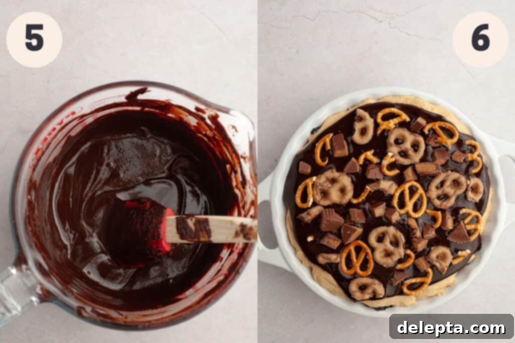 Decadent No-Bake Oreo Peanut Butter Pie 6 A bowl of glossy chocolate ganache next to a chocolate-covered peanut butter pie adorned with pretzels.