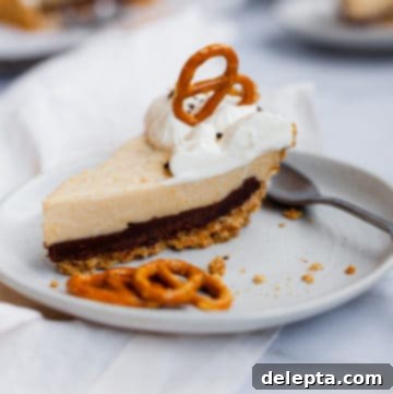 Salty-Sweet Chocolate Butterscotch Pretzel Pie 5 Slice of pie on a plate, decorated with a pretzel and whipped cream